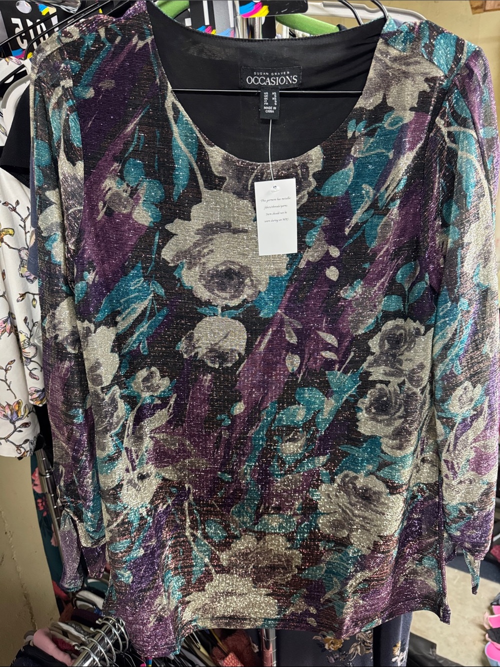 Susan Graver Shimmery Floral Scoop Neck Top in Teal, Purple, Silver